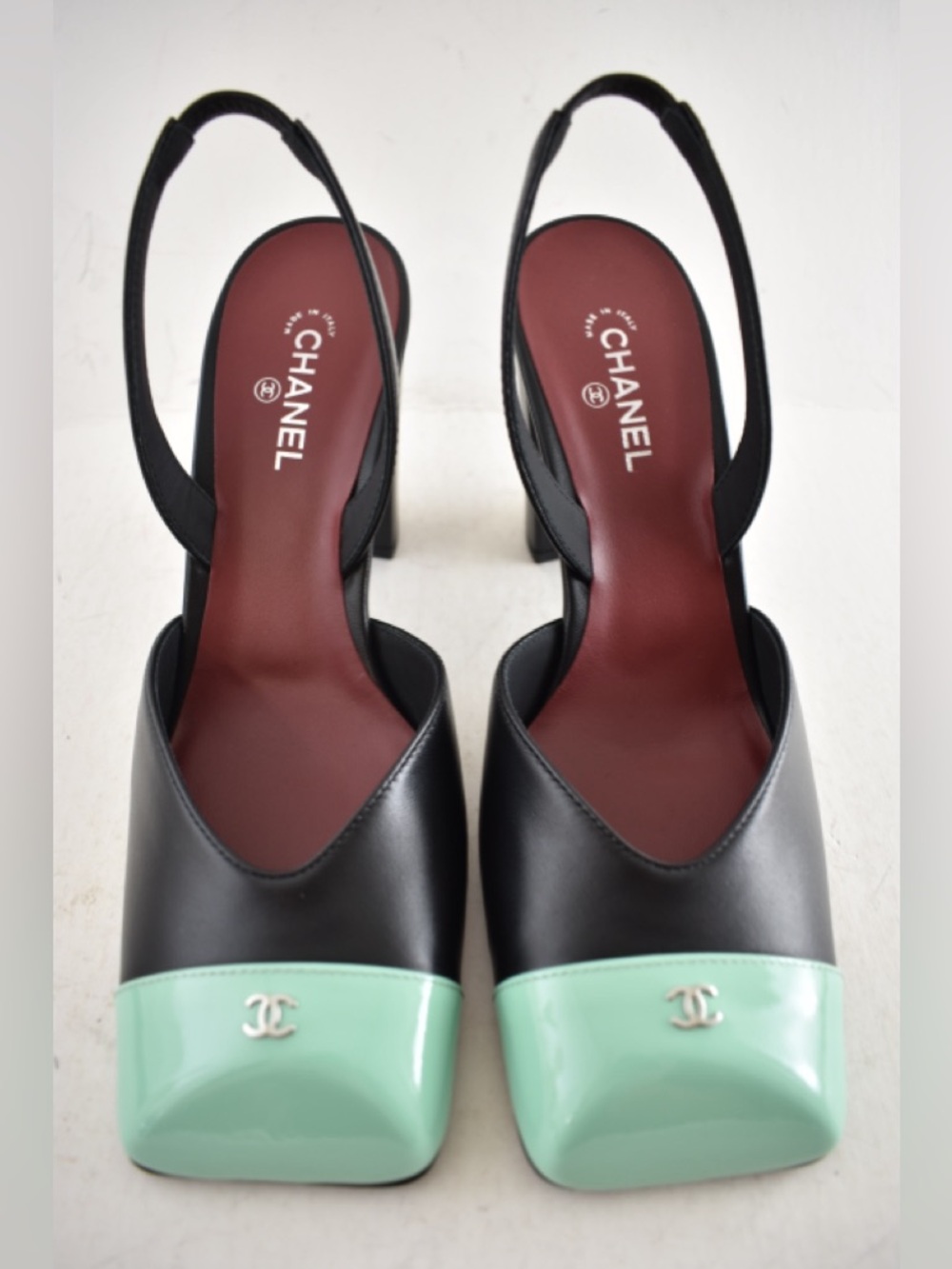 Chanel 26S Blazy Black Mint Green Square CC Sling Slingback Block Heel Pump 37.5 - Picture 6 of 16